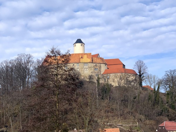 Hrad s oranžovočervenou střechou a věží na hoře pokryté stromy