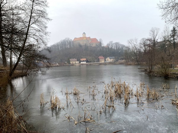 Zamrzlý rybník. Suché rákosí trčí ven. Po stranách stromy, v dálce domy, na kopci hrad.