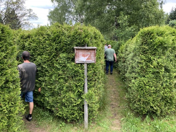 Bludiště z živého plotu: na křižovatce jdou lidé oběma směry. Uprostřed je cedule s nečitelným nápisem.